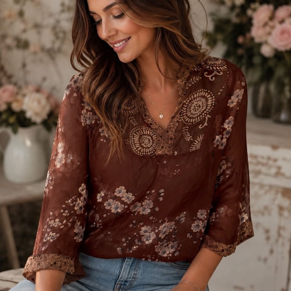 Vintage 90's 100% Silk Brown flora Women S Sheer Blouse Spenser Jeremy Romantic